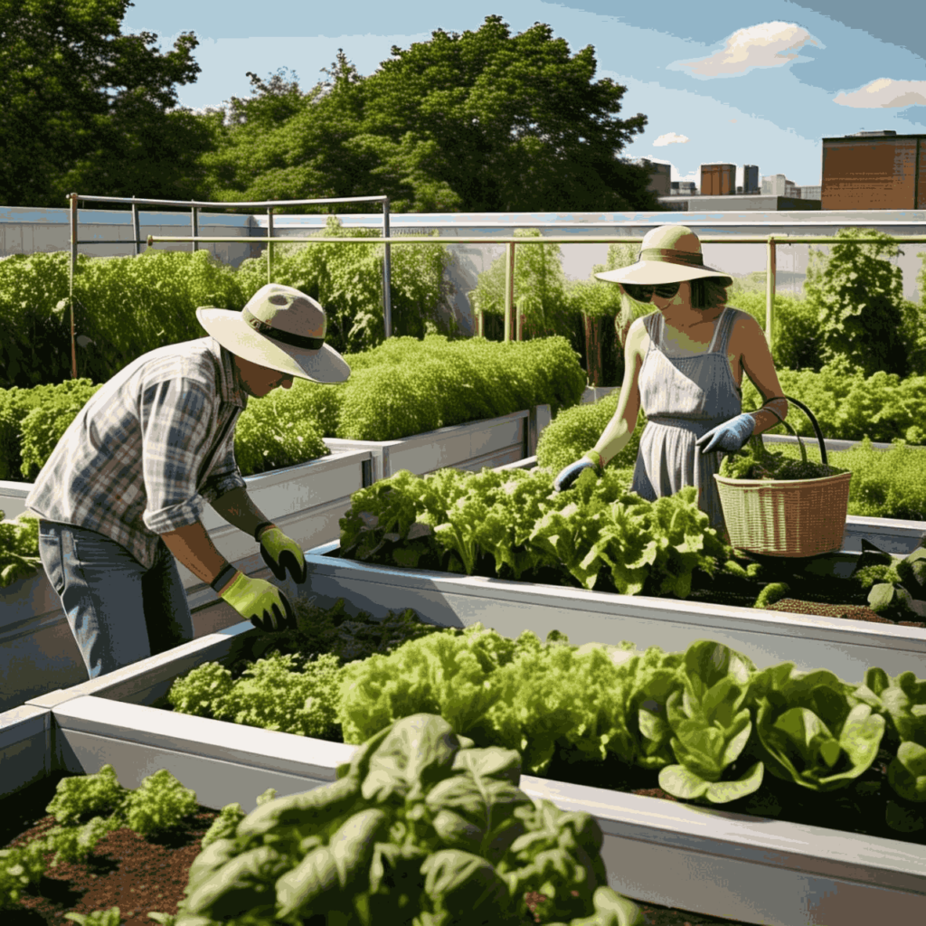  Rooftop farm with lush green plants and people harvesting vegetables.