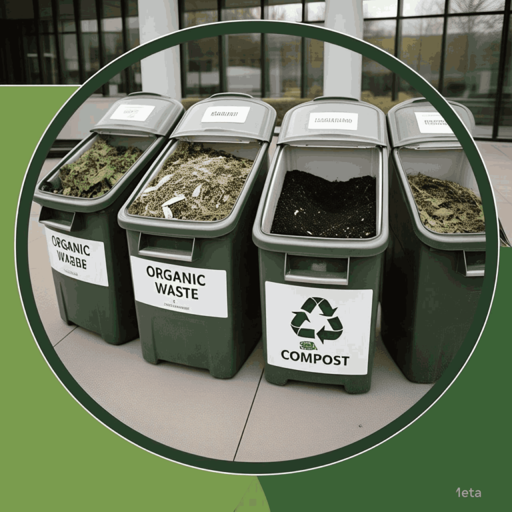 A composting hub with labeled bins for organic and recyclable waste.
