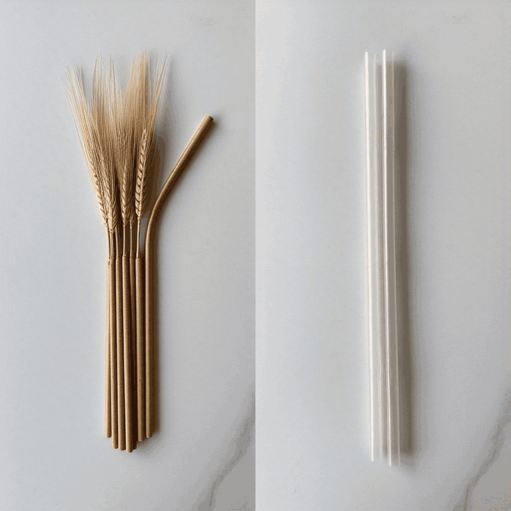 Side-by-side comparison of wheat straws and plastic straws, showcasing their differences.