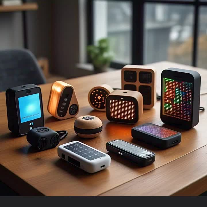 Different types of small solar-powered gadgets, including lights and chargers.