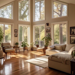 A well-designed passive solar home with large windows capturing sunlight for natural heating.