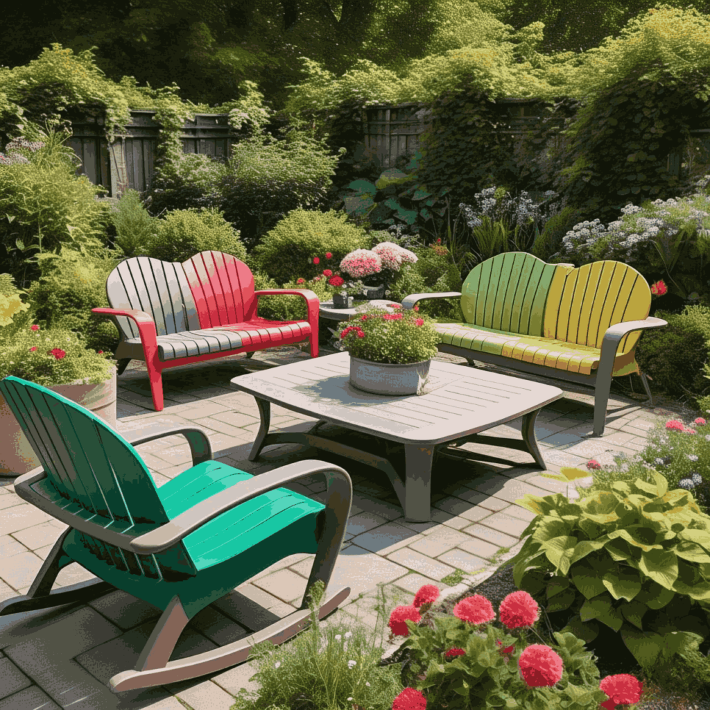 Various styles of recycled plastic outdoor furniture in a stylish garden setting.