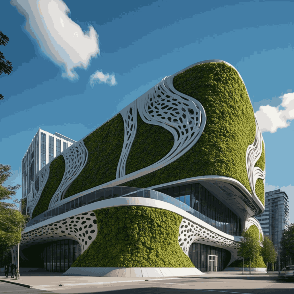 A futuristic eco-conscious building with algae facades and smart technology