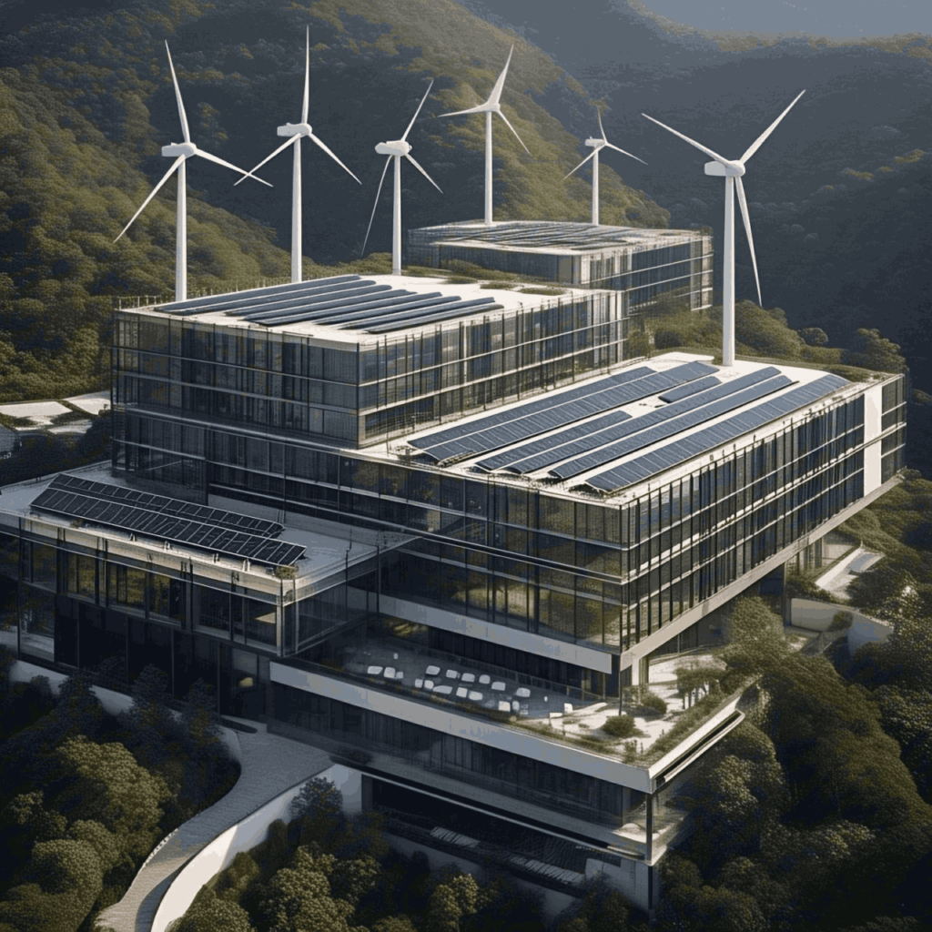 Solar panels and wind turbines powering a modern hotel 