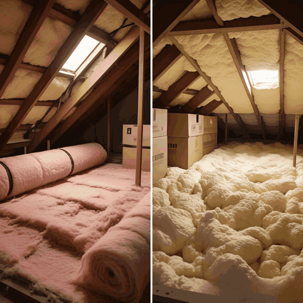 Side-by-side comparison of batt insulation and spray foam insulation