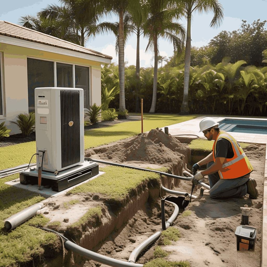 Workers installing geothermal heat pump pipes underground