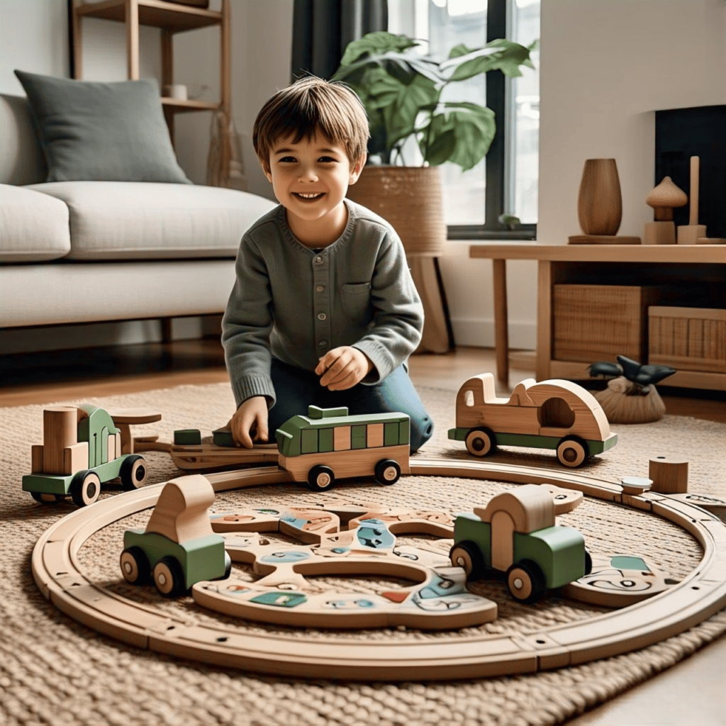 A child happily playing with eco-friendly wooden Montessori toys.