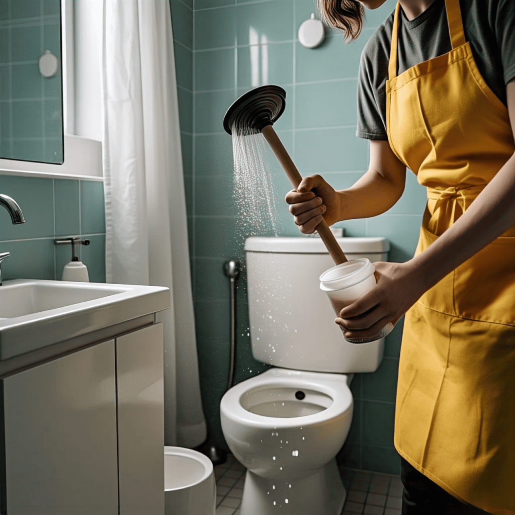 A person pouring baking soda into a toilet bowl, followed by vinegar.