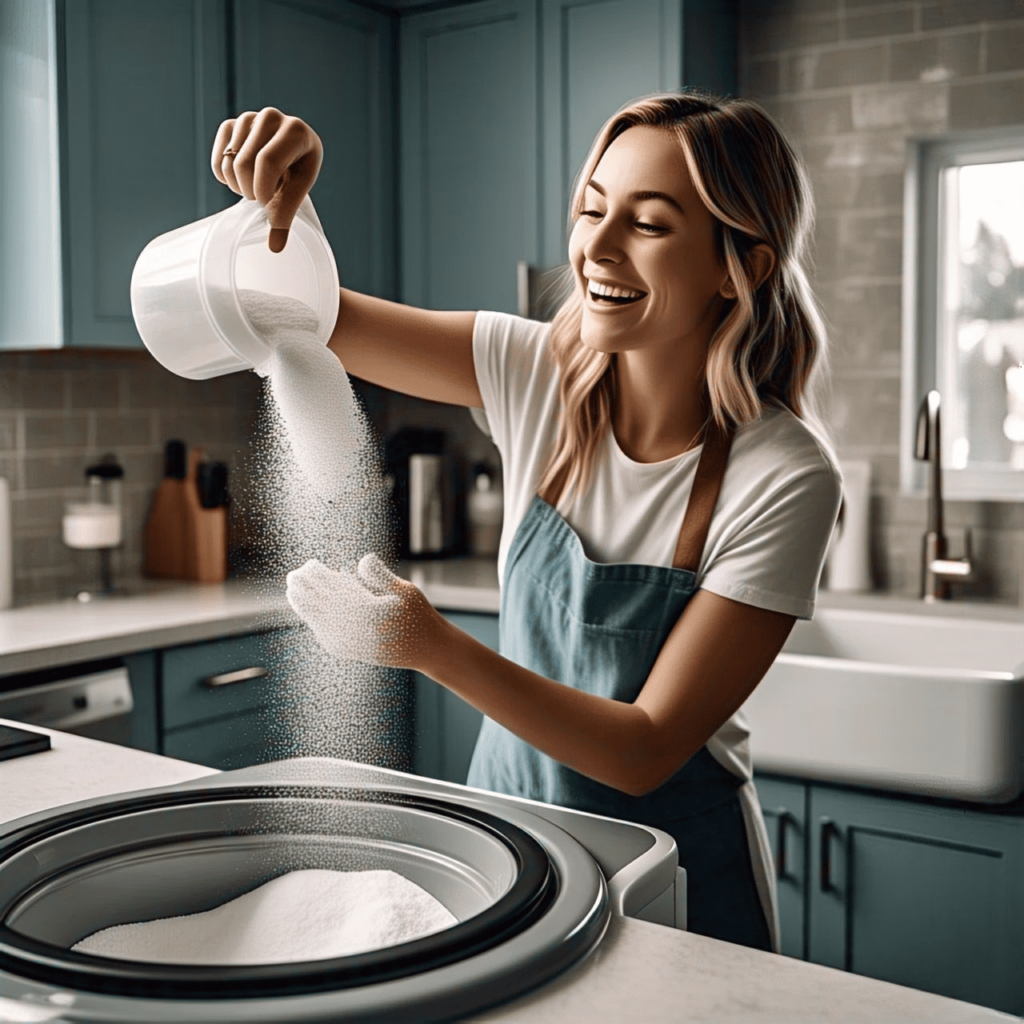 A hand sprinkling baking soda into a washing machine.