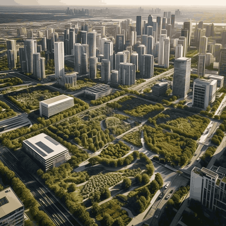 A vibrant green city with rooftop farms, eco-friendly buildings, and bicycle lanes.