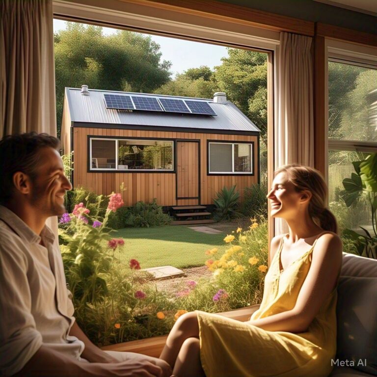 Self-sustaining tiny home with solar panels and green roof in a forest setting