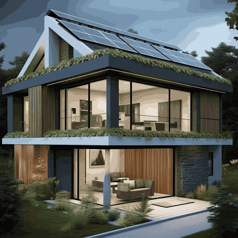 Sustainable eco-conscious home with solar panels and green roofing