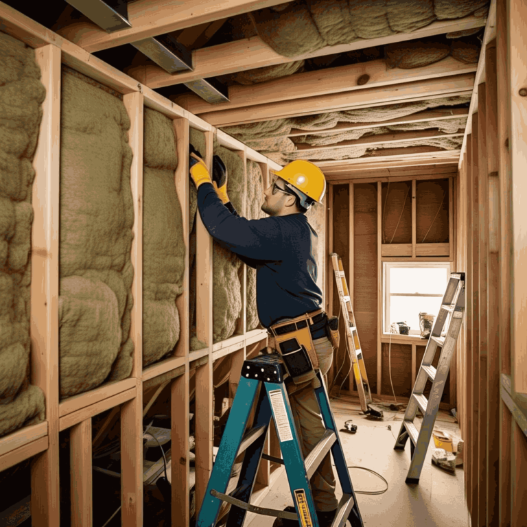 Batt insulation being installed between wooden wall studs