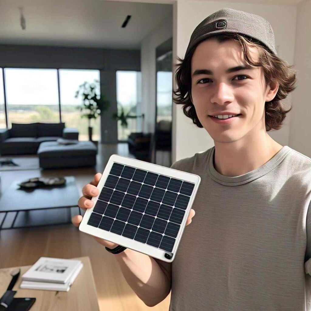 A person holding a small solar panel against the sun.