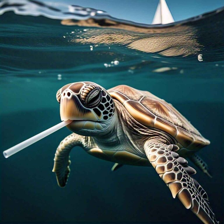 Sea turtle with a plastic straw stuck in its nose, highlighting ocean pollution.