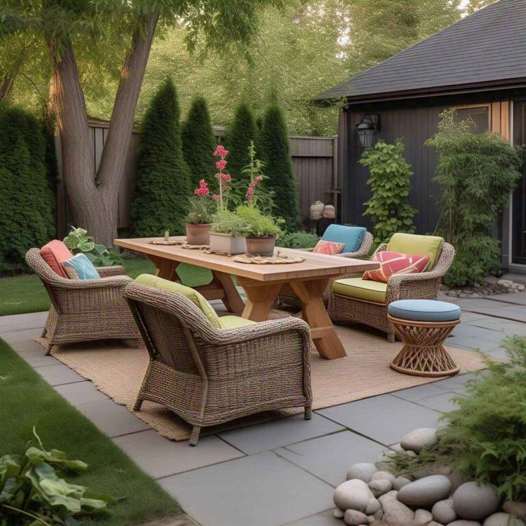 Sustainable recycled plastic outdoor furniture set on a stylish patio.