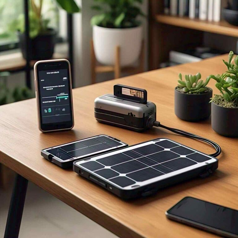 A compact solar panel charging multiple electronic devices outdoors.