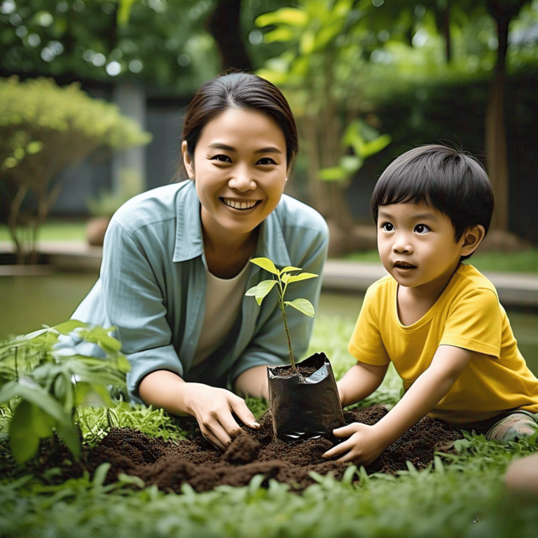 Parent and child engaging in eco-friendly parenting by planting a tree together.